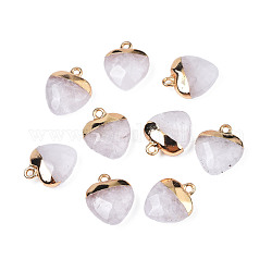 Pendentifs de cristal de quartz naturel, avec les accessoires en laiton de tonalité d'or, facette, cœur, 17~18x14~15x6~7mm, Trou: 1.6mm
