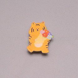 Tiger with Flower Chinese Zodiac Brooch Pin, Cute Animal Acrylic Lapel Pin for Backpack Clothes, White, Dark Orange, 32x24x7mm