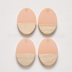 Colgantes de resina y madera transparentes, encerado, oval, rosa, 23x15.5x3~4mm, agujero: 2 mm