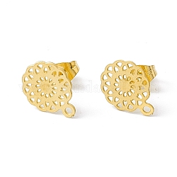 304 Stainless Steel Stud Earrings Finding, Hollow Flower, with Horizontal Loop, Golden, 13x10.5mm, Hole: 1.2mm, Pin: 0.85mm