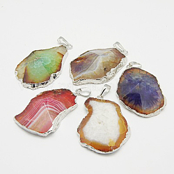 Agate Crystal Pendants, Silver Electoplating, with Brass Pendant Bails, Amorphous, Mixed Color, 47~57x30~37x10~12mm, Hole: 6mm
