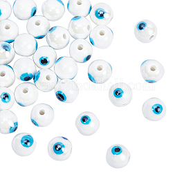 Nbeads 1 brin de perles en céramique de porcelaine faites à la main, porcelaine émaillée lumineux, ronde avec le mauvais œil, blanc, 10.5mm, Trou: 1.8mm, Environ 32 pcs/chapelet