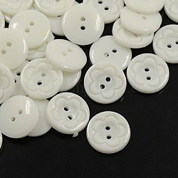 Botones de acrílico de costura para el diseño de ropa, Botones de plástico, 2 agujero, teñido, plano y redondo con estampado de flores, blanco, 16x3mm, agujero: 1 mm