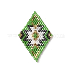 Perline di semi miyuki con motivo a telaio fatto a mano, rombo con pendenti di fiori, verde mare medio, 41.5x26.5x2mm, Foro: 0.8 mm