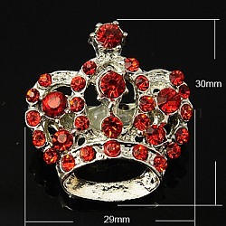 Fashion Alloy Crown Brooches, with Rhinestones and Iron Findings, Platinum Metal Color, Red, 30x29mm, Pin: 0.8mm