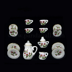 Mini Teeservice aus Porzellan, einschließlich 2 Stück Teekannen, 5 Stück Teetassen, 8 stücke geschirr, für Puppenstubenzubehör, vorgetäuschte Requisitendekorationen, Blumenmuster, 121x86x25 mm, 15 Stück / Set