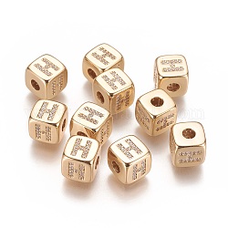 Brass Micro Pave Cubic Zirconia Beads, Horizontal Hole, Real 18K Gold Plated, Long-Lasting Plated, Cube with Letter, Clear, Letter.H, 9x9x9mm, Hole: 3.5mm