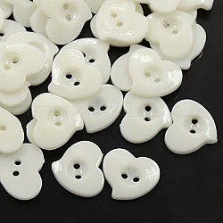 Botones de acrílico de corazón, botones de plástico de costura para el diseño de vestuario, 2 agujero, teñido, blanco, 13x12x2mm, agujero: 1 mm
