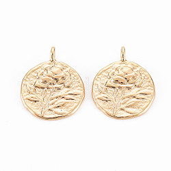 Brass Pendants, Nickel Free, Flat Round with Flower, Real 18K Gold Plated, 15.5x12.5x2mm, Hole: 1.5mm