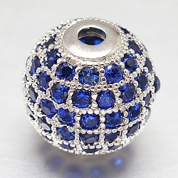 Perles rondes en laiton avec zircone cubique de micro pave, platine, 10mm, Trou: 2mm