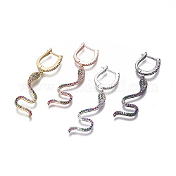 Brass Dangle Hoop Earrings, with Micro Pave Cubic Zirconia, Snake, Colorful, Mixed Color, 55mm, Pin: 1mm