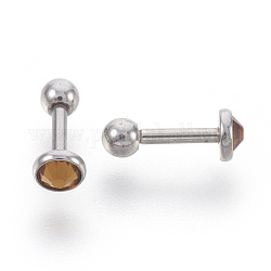 (vente d'usine de bijoux pour fêtes), 304 boucles d'oreilles cartilage barbell en acier inoxydable, avec strass, couleur inoxydable, topaze, 10mm, pin: 1 mm, Plateau: 4 mm