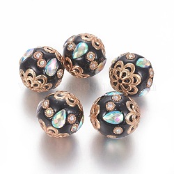 Faits à la main indonésie perles de strass, avec les accessoires en métal, ronde, or clair, noir, 17.5~21x18~19mm, Trou: 1.6mm