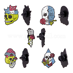 Chgcraft 10pcs 5 épingles en émail de style halloween, Broches en émail en alliage de crâne pour vêtements de sac à dos, électrophorèse noir, couleur mixte, 30~32.5x12~25.5x11mm, 2 pièces / style