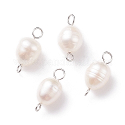 Breloques de connecteur de perles d'eau douce de culture naturelles de grade b, avec 304 double boucle inox, riz poli, couleur inoxydable, 17.5x8.5mm, Trou: 1.8~3mm