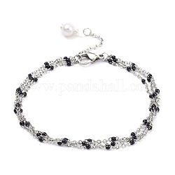 304 Edelstahl-Multi-Strang-Armbänder, mit Emaille, natürliche Perlen und Hummerkrallenverschlüsse, Schwarz, 7-1/4 Zoll (18.5 cm)