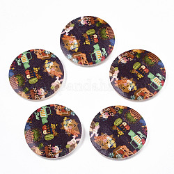 Pendentifs en bois imprimées, plat rond avec motif de fruits, brun coco, 50x5mm, Trou: 1.6mm