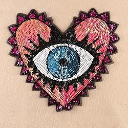 Computerized Embroidery Cloth Sew On Patches, Costume Accessories, Paillette Appliques, Heart with Eye, Fuchsia, 31x35cm