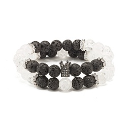 Natural Crackle Quartz & Lava Rock Round Beads Stretch Bracelets Set, Crown Brass Micro Pave Cubic Zirconia Beads Bracelets for Women, Mixed Color, Inner Diameter: 1-7/8~2.09 inch(4.8~5.3cm), 2pcs/set
