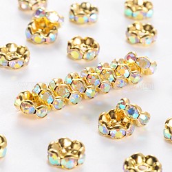 Brass Rhinestone Spacer Beads, Grade A, Rondelle, Golden and Nickel Free, AB Color, Clear AB about 8mm in diameter, 3.8mm thick, hole: 1.5mm