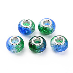 Crackle Two Tone Resin European Beads, Large Hole Beads, with Silver Tone Brass Double Cores, Rondelle, Green, 14x9.5mm, Hole: 5mm