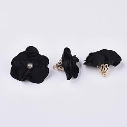 Handmade Cloth Pendant Decorations, with Alloy Findings, Flower, Black, 24~26x24~25mm, Hole: 2mm