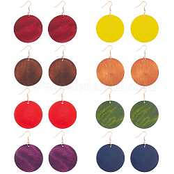 ANATTASOUL 8 Pairs 8 Colors Blank Flat Round Wood Dangle Earrings with Iron Pins for Women, Mixed Color, 72x50mm, 1 Pair/color