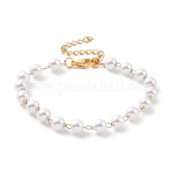 Pulseras redondas de cuentas de perlas de imitación de plástico, con chapado al vacío 304 cadenas de freno de acero inoxidable, blanco, dorado, 6-3/4 pulgada (17.1 cm)