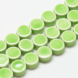 Handmade Porcelain Beads, Bright Glazed Porcelain, Flat Round, Lawn Green, 8~8.5x4~4.5mm, Hole: 2mm