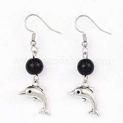 Lega orecchini pendenti, con perline di vetro e ganci di orecchini in ottone., delfino, nero, 50mm, ago :0.6mm
