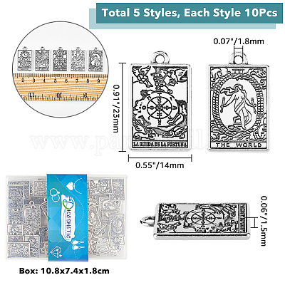 Dicosmetic 50 個アンティークシルバータロットカードチャーム長方形タロットチャームホイールオブフォーチュン恋人たち世界スタールナ亜鉛合金 タロットブラブラチャームジュエリー作成用 穴：1.8mmの通販 - PandaHall（パンダホール）