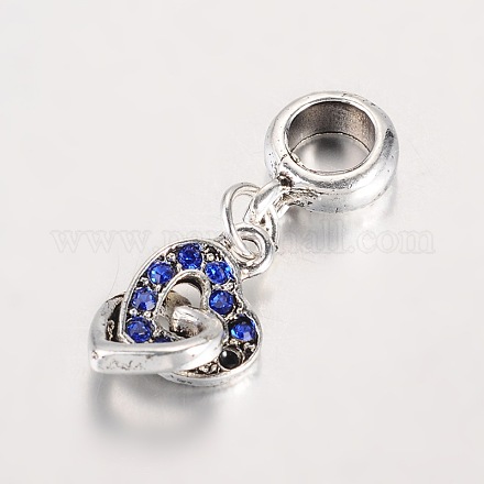Heart Antique Silver Plated Alloy Rhinestone European Dangle Charms Large Hole Pendants MPDL-K014-01-1