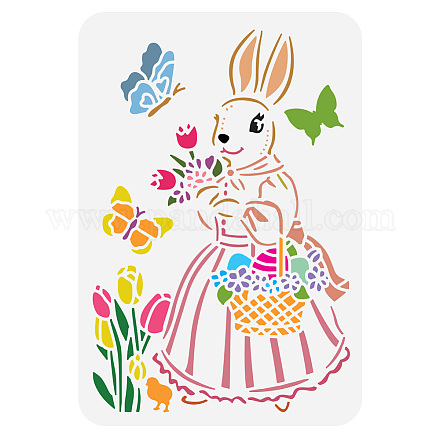 FINGERINSPIRE Easter Bunny Painting Stencil 8.3x11.7inch Reusable Rabbit Miss Easter Eggs Tulip Butterfly Chicks Drawing Template Easter Decoration Stencil for Painting on Wood Wall Fabric Furniture DIY-WH0396-652-1