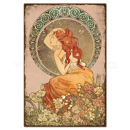 GLOBLELAND Vintage Metal Mucha Tin Sign Long Hair Lady Art Nouveau Beauty Tin Sign Surrounded by Flowers Tin Sign Illustration Lady Retro Wall Decor for Restaurants Bars Pubs 12x8inch AJEW-WH0189-278-1