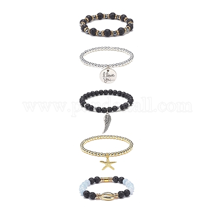 5pcs 5 style pierre de lave naturelle et quartz naturel et ensemble de bracelets extensibles en hématite synthétique BJEW-JB08739-1