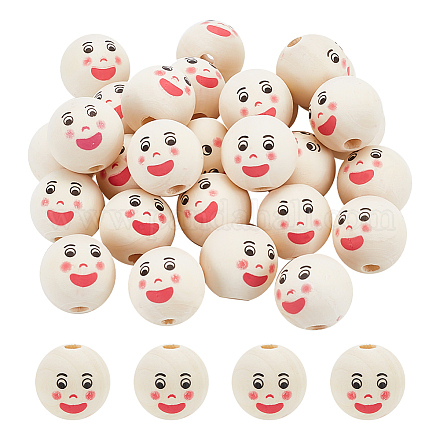 FINGERINSPIRE 30PCS Smiling Face Natural Wood Beads Wooden Smiling Loose Beads Round Spacer Ball Beads with 5mm Hole Smile Face Burlywood Wooden Beads for DIY Crafts Jewelry Keychains Making WOOD-FG0001-31-1