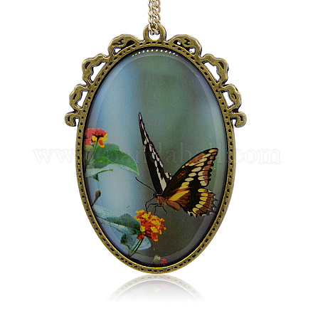 Antique Bronze Metal Color Alloy Butterfly and Flower Photo Large Pendants PALLOY-J091-06AB-NR-1