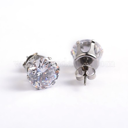 Flat Round 304 Stainless Steel Cubic Zirconia Stud Earrings EJEW-H306-38-4mm-1