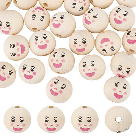 OLYCRAFT 40Pcs Smiling Face Wooden Beads 21.5mm Round Painted Wooden Beads with 5mm Large Hole Head Beads Round Wood Beads Spacer Beads Loose Beads for DIY Crafts Hanging Decorations Jewelry Making WOOD-OC0003-55-1