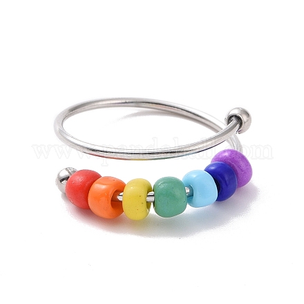 Rainbow Color Glass Beaded Rotating Open Cuff Ring RJEW-F127-01P-1