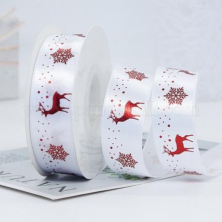Rubans plats en satin de polyester imprimé rennes de Noël XMAS-PW0001-183A-1