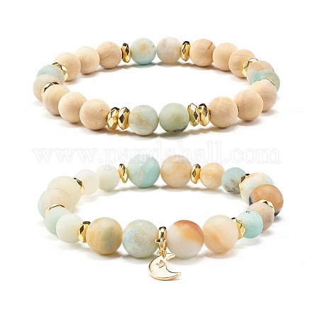 Bracciali elastici con perle di amazzonite di fiori naturali smerigliati BJEW-JB07009-1