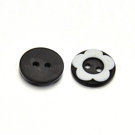 染め樹脂ボタン  花2穴ボタンを備えたフラットラウンド  ブラック  13x2mm  穴：2mm BUTT-F047-08-1