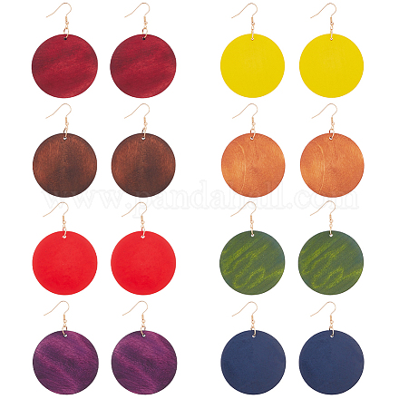 Anattasoul 8 пара 8 цвета пустые плоские круглые серьги из дерева с железными булавками для женщин EJEW-AN0004-26-1