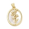 Rack Plating Brass Pave Shell Pendants, Oval with Flower Charms, Long-Lasting Plated, Lead Free & Cadmium Free, Real 18K Gold Plated, 25x17.5x3mm, Hole: 5x3.5mm