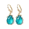 Glass Leverback Earring, with Brass Finding, Teardrop, Cyan, 40.5x14.5mm