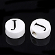 手作りの陶器ビーズ  水平穴  アルファベット付きフラットラウンド  ホワイト  文字.j  8~8.5x4.5mm  穴：2mm PORC-Q259-01J-2