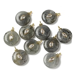 Ciondoli labradorite naturale, ciondoli rotondi piatti con micro pavé di zirconi cubici in ottone, placcato di lunga durata, placcatura cremagliera, vero placcato oro 18k,  cadmio& piombo libero, 23x18x5.5~6mm, Foro: 2~3 mm