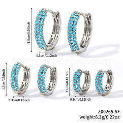 Boucles d'oreilles créoles élégantes en laiton avec pavé de zircones cubiques, Forme de l'anneau, platine, turquoise, 15~11x3mm