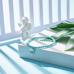 Bracciale elasticizzato con perline tonde in howlite naturale e charm a foglia&nbsp;BJEW-JB07587-04